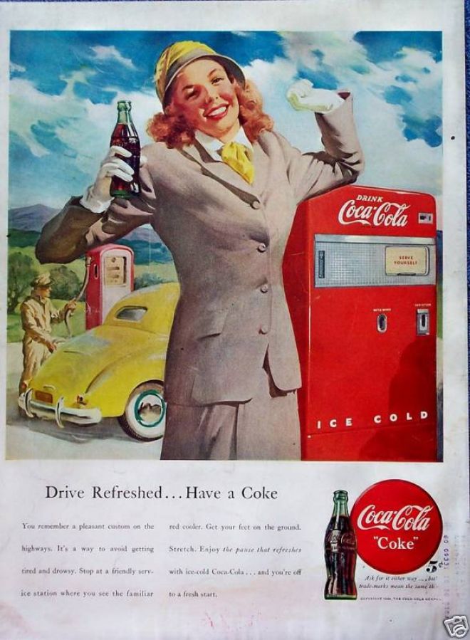 1940s Coca-Cola print ad with the line Drive Refreshed, Have a Coke