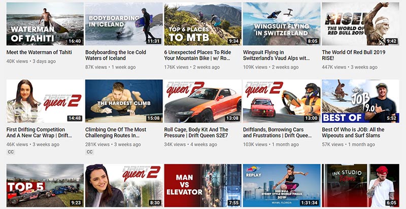 Red Bull YouTube channel full of extreme sports videos